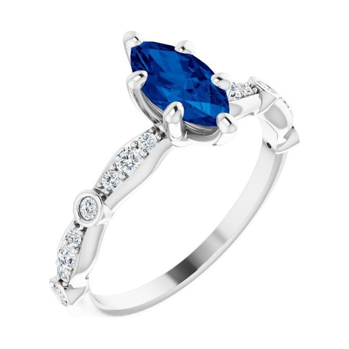 Marquise 1 ct blue sapphire 14K White Gold petite vintage milgrain engagement ring