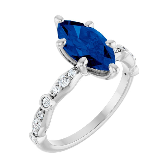 Marquise 1 ct blue sapphire 14K White Gold petite vintage milgrain engagement ring