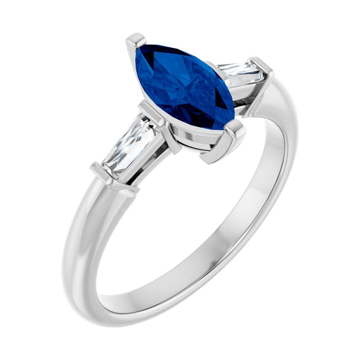Marquise 1 ct blue sapphire 14K White Gold tapered baguette three-stone engagement ring