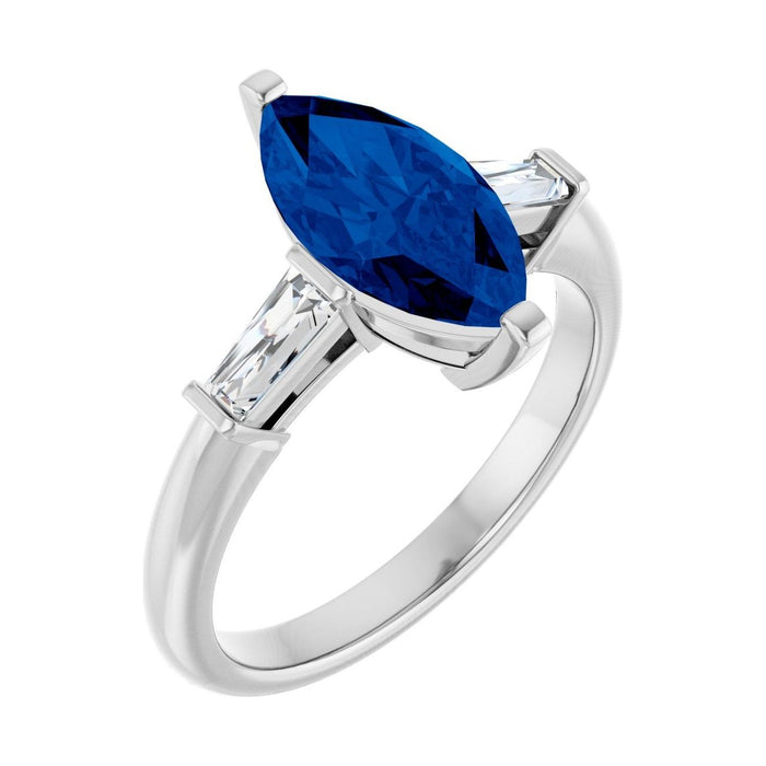 Marquise 1 ct blue sapphire 14K White Gold tapered baguette three-stone engagement ring