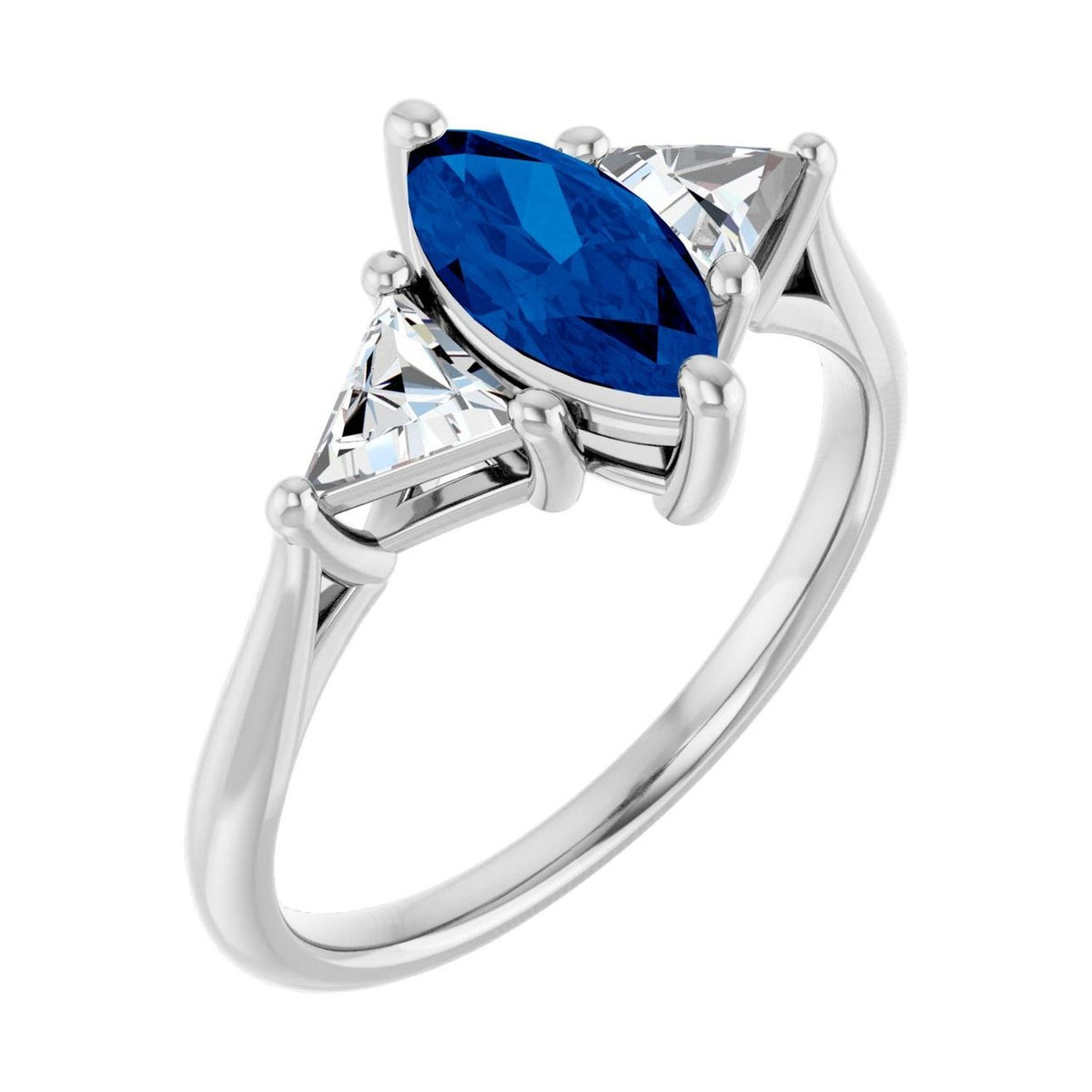 Marquise 1 ct blue sapphire 14K White Gold trillion three-stone engagement ring