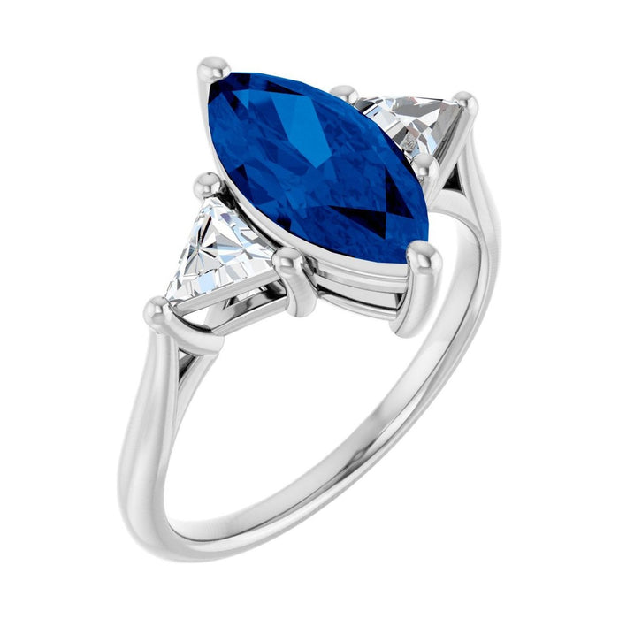 Marquise 1 ct blue sapphire 14K White Gold trillion three-stone engagement ring