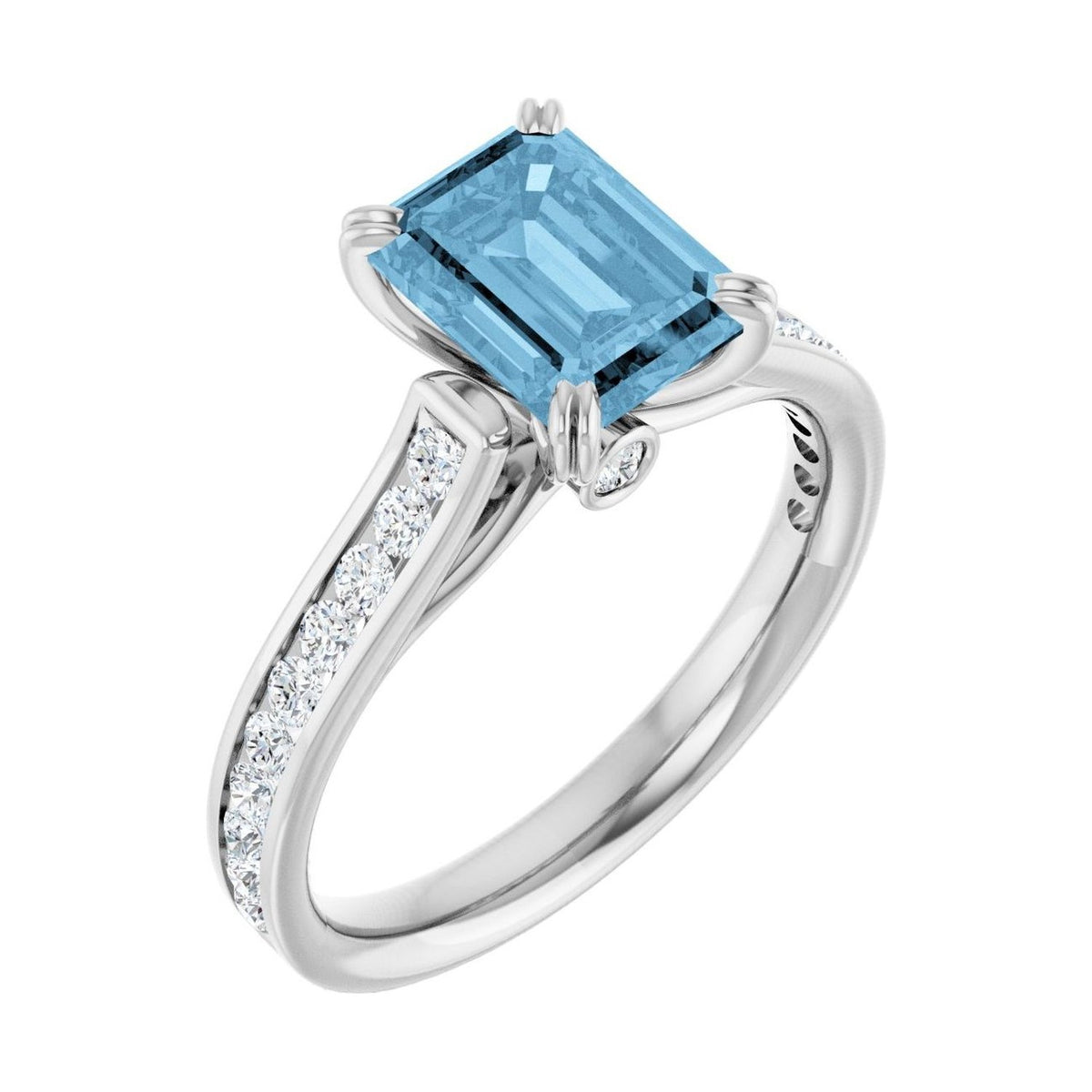 Emerald 1 ct blue topaz 14K White Gold cathedral pavé engagement ring