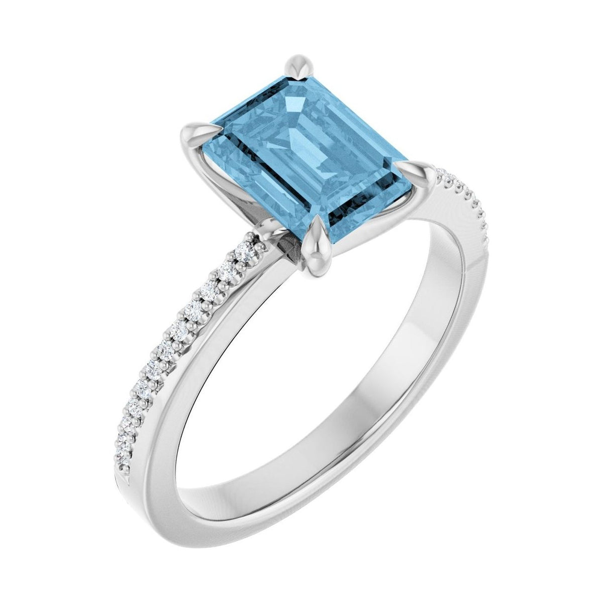 Emerald 1 ct blue topaz 14K White Gold claw-prong pavé engagement ring