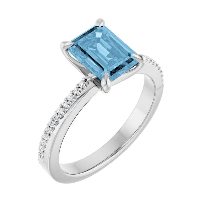 Emerald 1 ct blue topaz 14K White Gold claw-prong pavé engagement ring