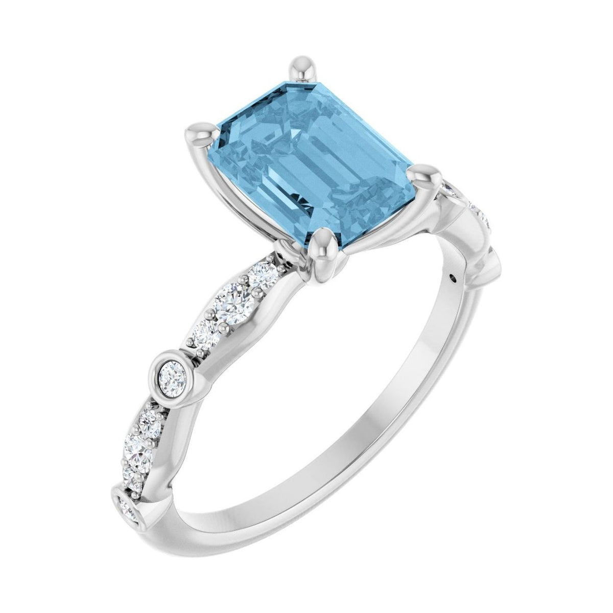 Emerald 1 ct blue topaz 14K White Gold petite vintage milgrain engagement ring