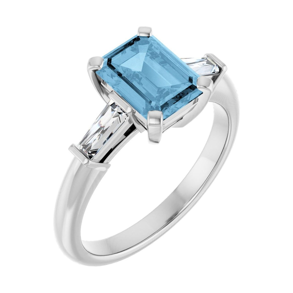 Emerald 1 ct blue topaz 14K White Gold tapered baguette three-stone engagement ring