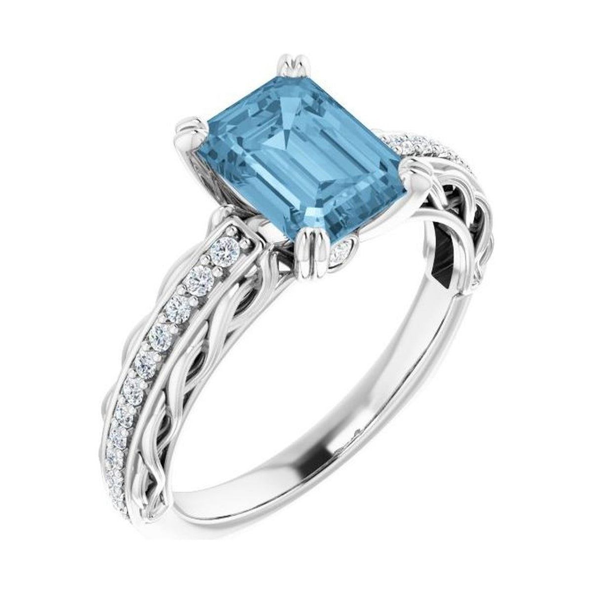 Emerald 1 ct blue topaz 14K White Gold twisted vine solitaire engagement ring