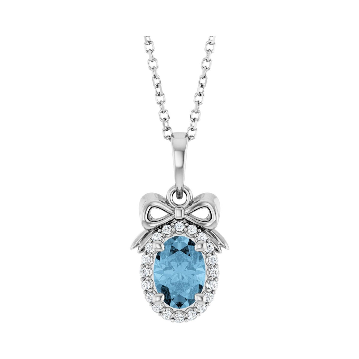 14K White Gold oval london blue topaz necklace with a diamond halo and sculpted bow