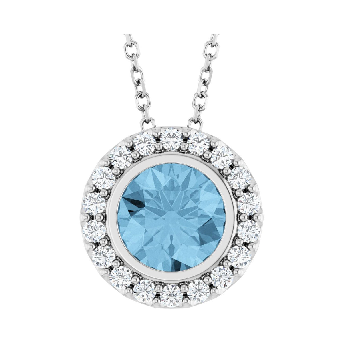 14K White Gold round london blue topaz necklace with a full diamond halo