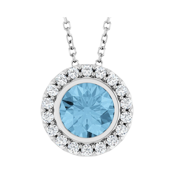 14K White Gold round london blue topaz necklace with a full diamond halo