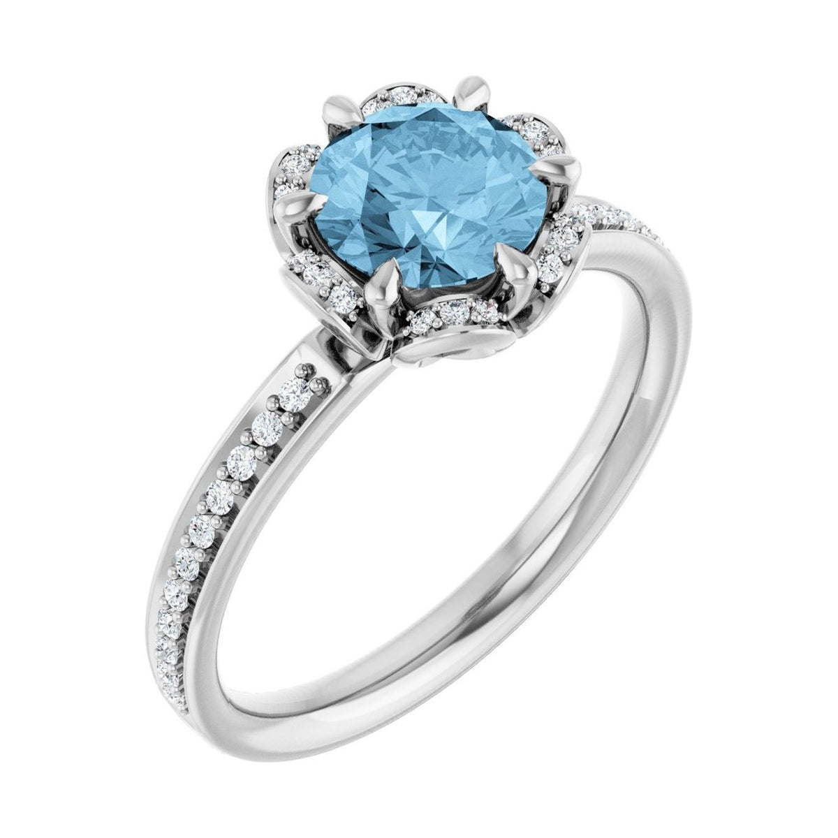 Round 1 ct blue topaz 14K White Gold petite pavé halo engagement ring