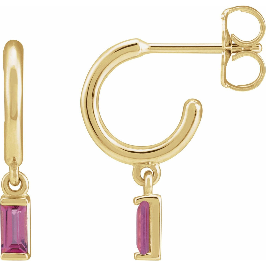 bold baguette pink tourmaline hoop earrings in 14k Yellow Gold