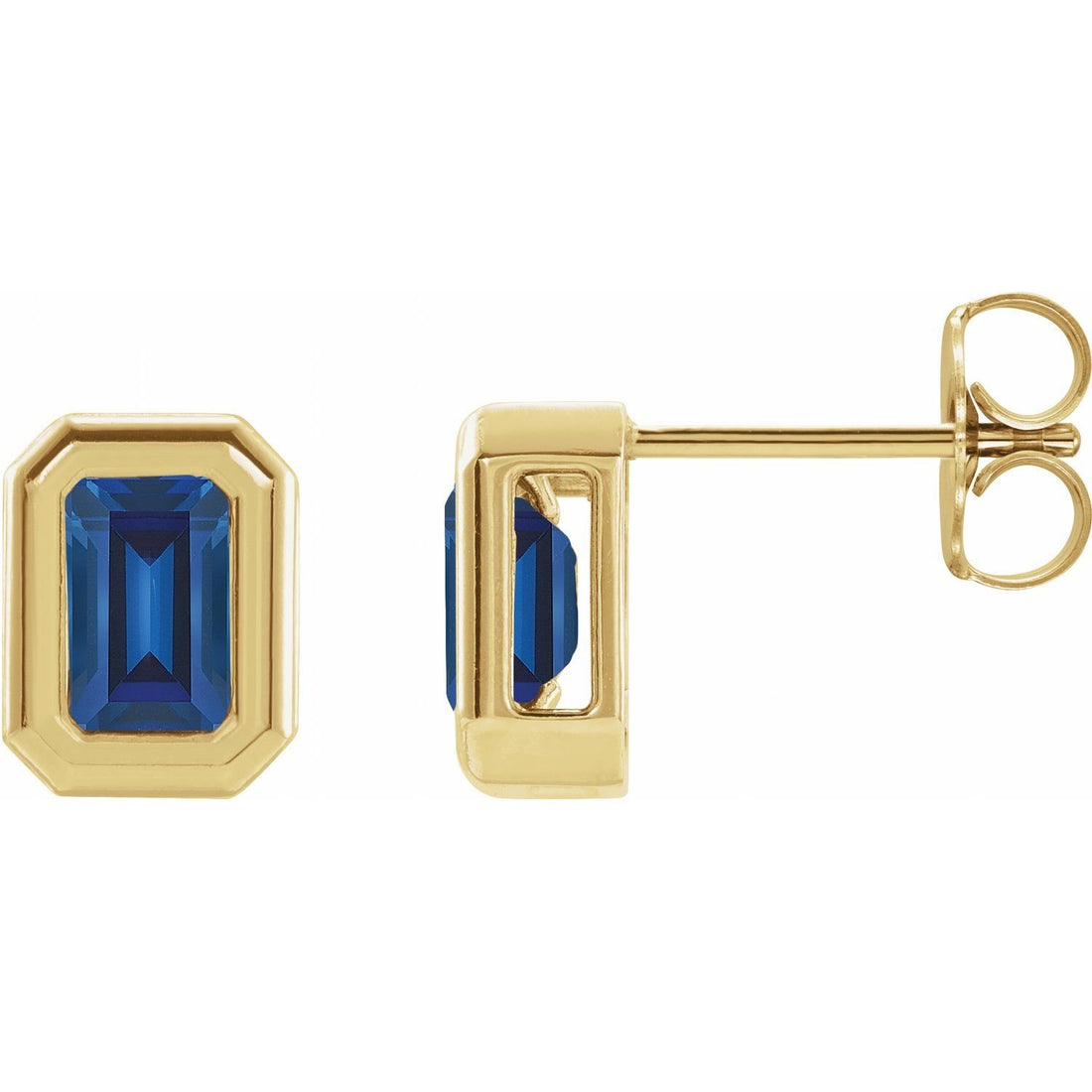 bold emerald-cut lab-grown blue sapphire earrings in 14k Yellow Gold