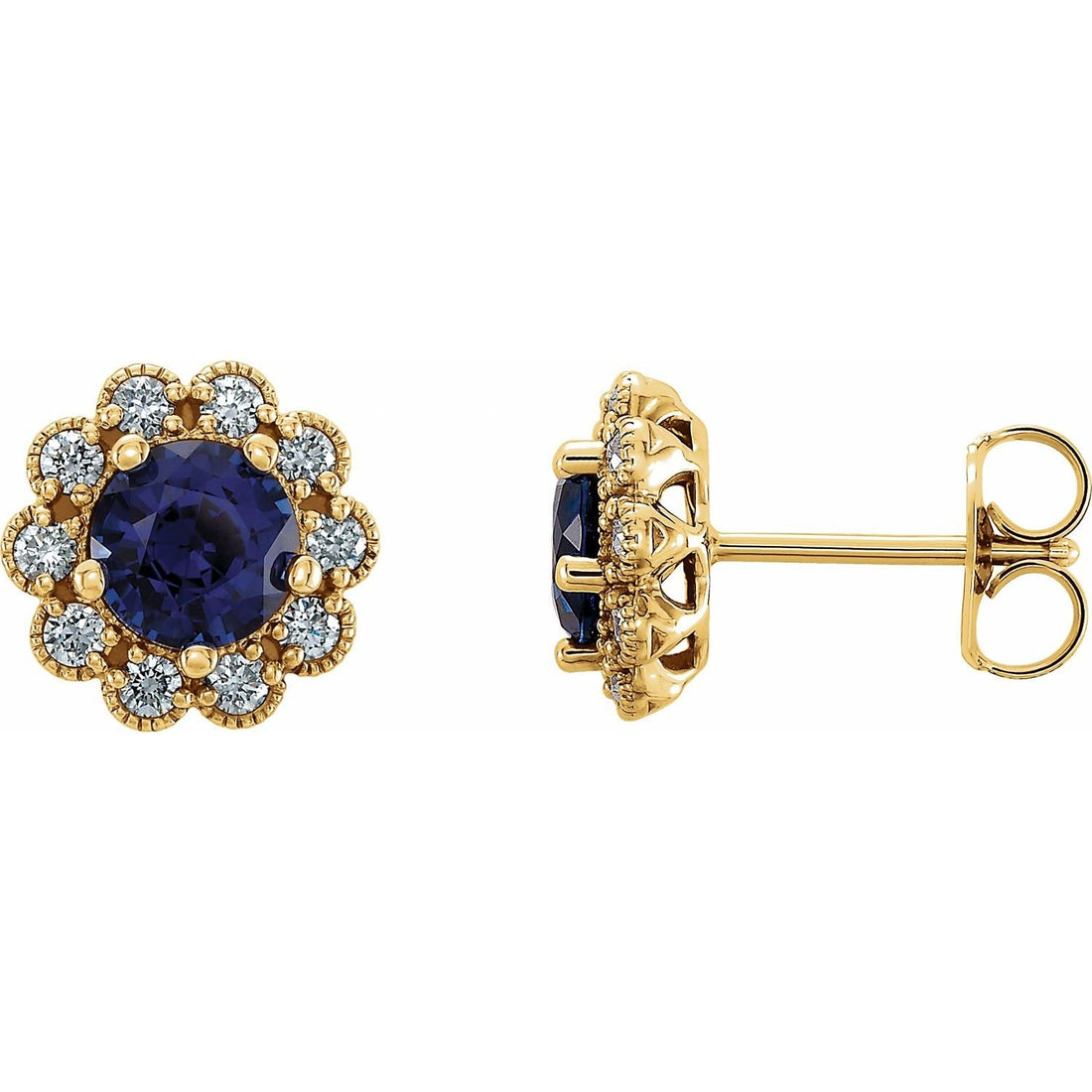 bold round lab-grown blue sapphire earrings in 14k Yellow Gold