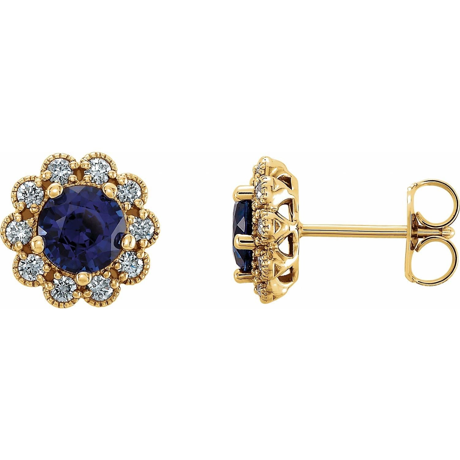 bold round lab-grown blue sapphire earrings in 14k Yellow Gold