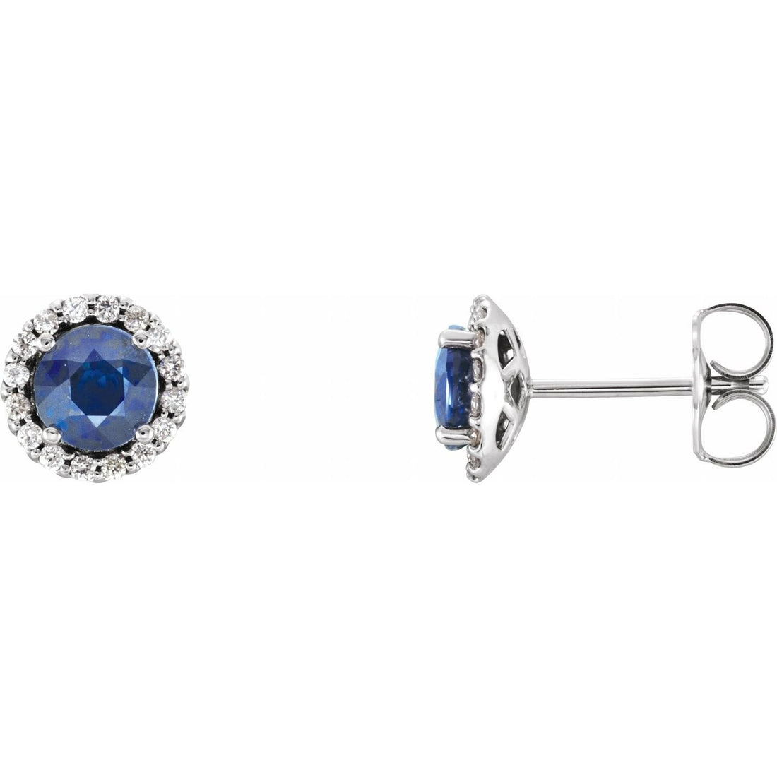 bold round natural blue sapphire earrings in 14k White Gold