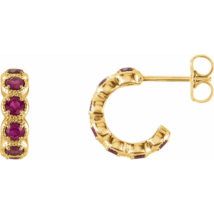 bold round natural ruby hoop earrings in 14k Yellow Gold