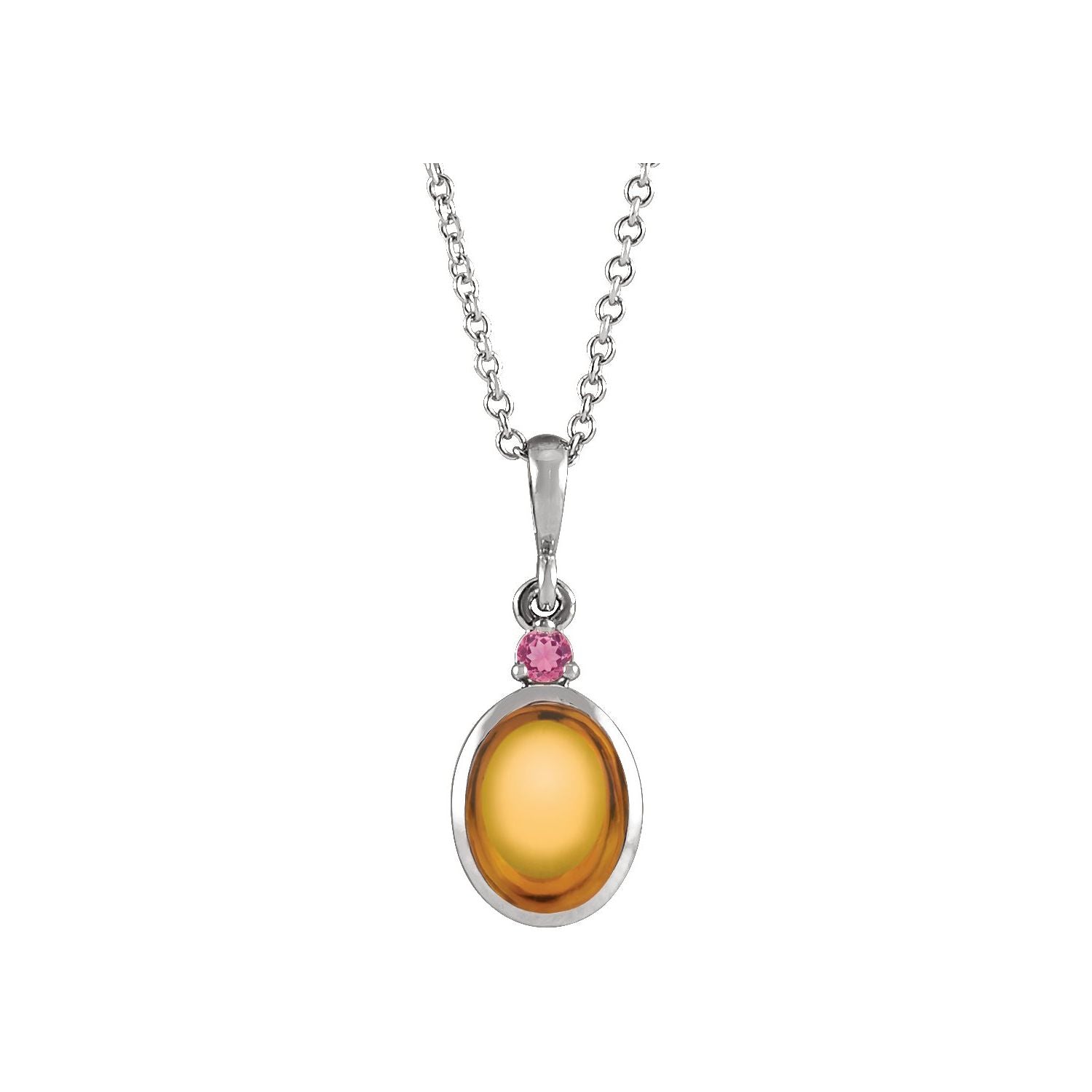 14K White Gold citrine cabochon necklace with a pink tourmaline accent