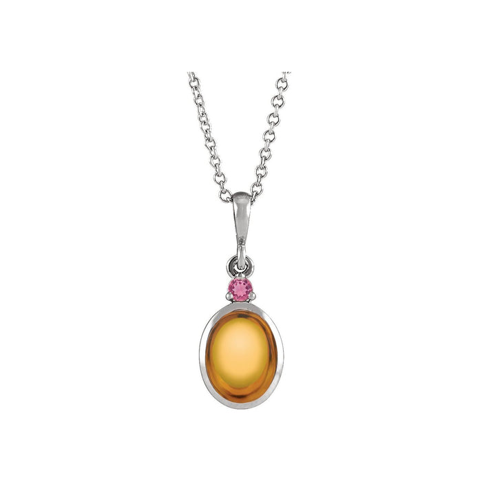 14K White Gold citrine cabochon necklace with a pink tourmaline accent
