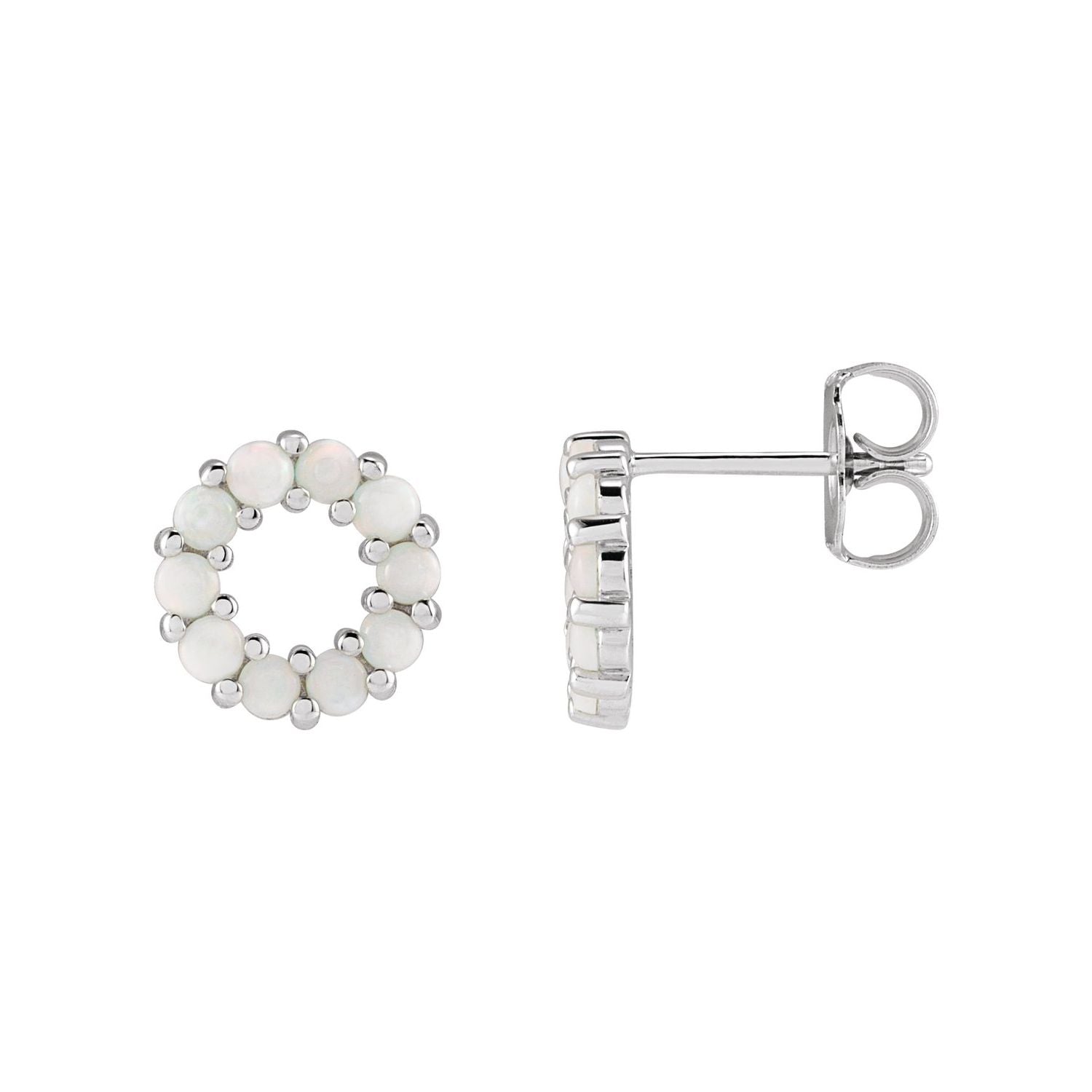 14K White Gold circlet of natural white opal cabochons, stud earrings