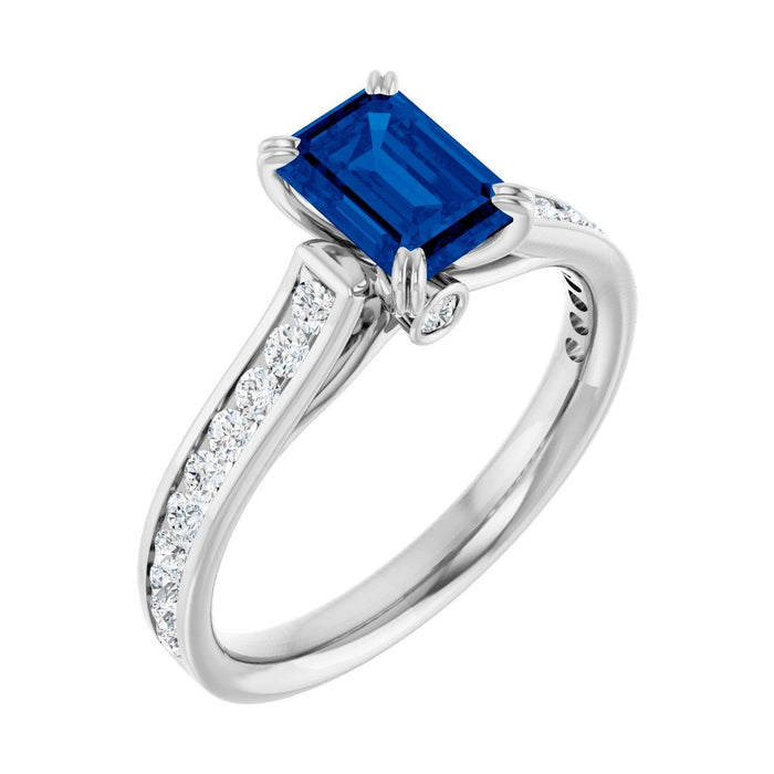 Emerald 1 ct Cathedral Pavé Lab Grown Blue Sapphire Engagement Ring in 14K White Gold