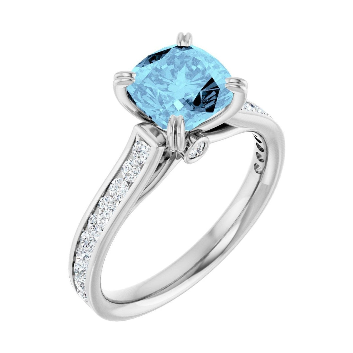 Cushion 1 ct Cathedral Pavé Natural Aquamarine Engagement Ring in 14K White Gold