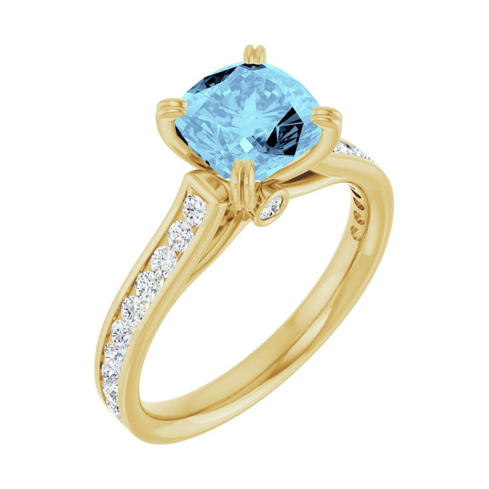 Cushion 1 ct Cathedral Pavé Natural Aquamarine Engagement Ring in 14K Yellow Gold