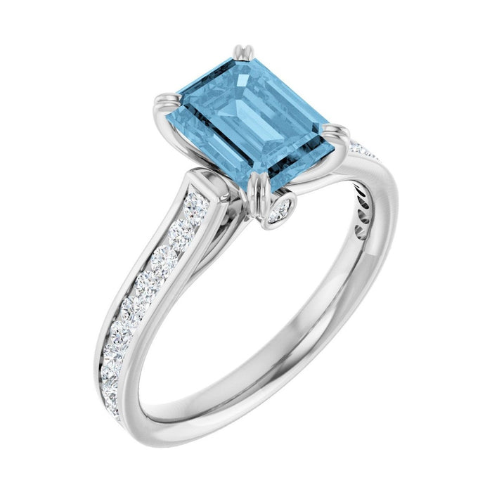 Emerald 1 ct Cathedral Pavé Natural Blue Topaz Engagement Ring in 14K White Gold