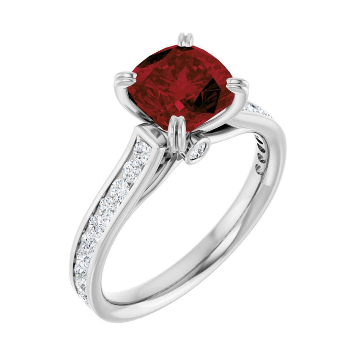 Cushion 1.5 ct Cathedral Pavé Natural Garnet Engagement Ring in 14K White Gold