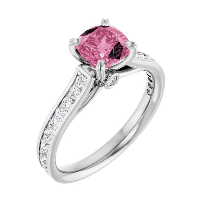 Cushion 1 ct Cathedral Pavé Natural Tourmaline Engagement Ring in 14K White Gold
