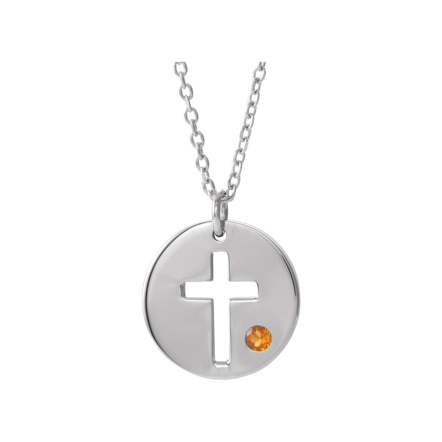 14K White Gold pierced cross disc necklace with a citrine set in the face