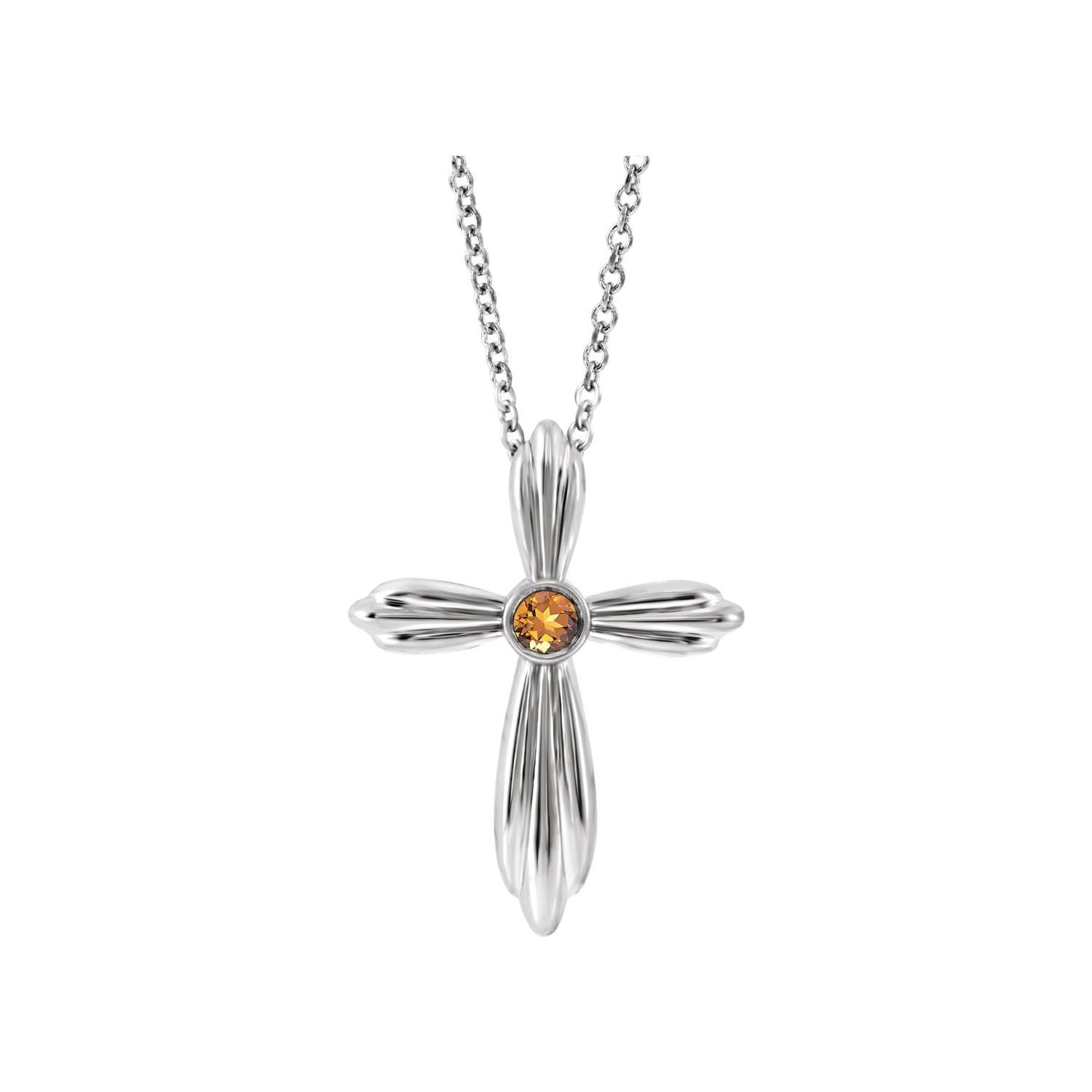 14K White Gold fluted cross necklace with a bezel-set citrine at the centre