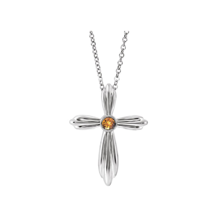 14K White Gold fluted cross necklace with a bezel-set citrine at the centre
