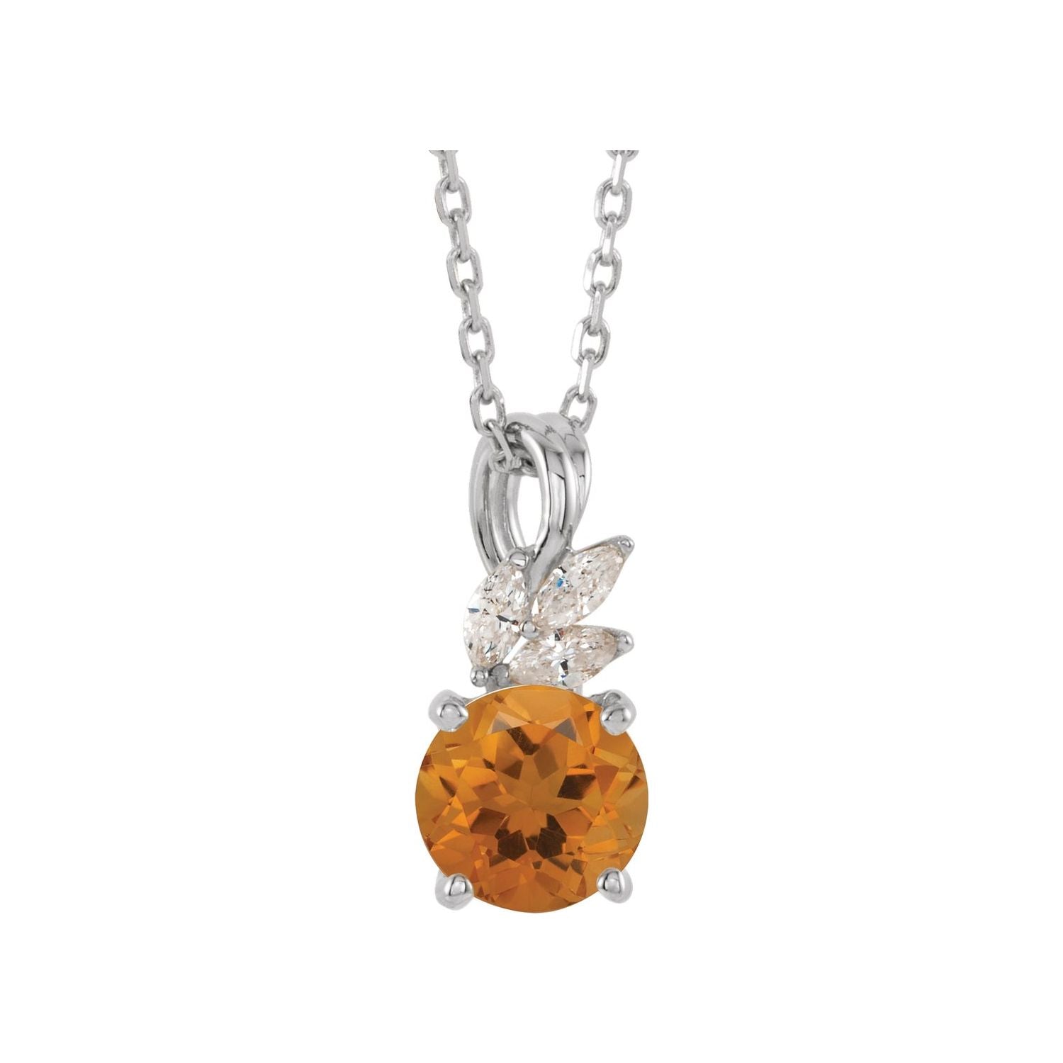 14K White Gold citrine pendant with a marquise diamond leaf cluster