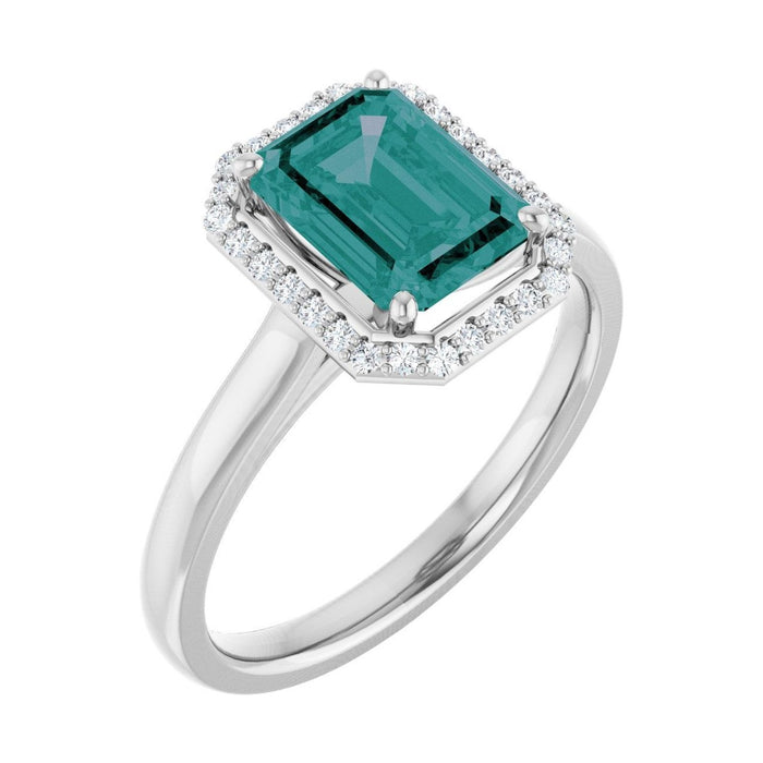 Emerald 1.5 ct Classic Halo Lab Grown Alexandrite Engagement Ring in 14K White Gold
