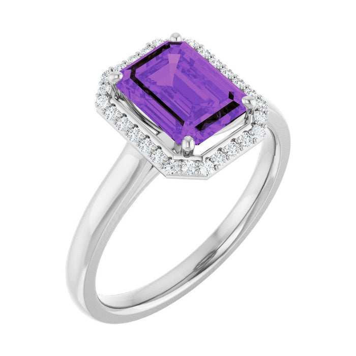 Emerald 1 ct Classic Halo Natural Amethyst Engagement Ring in 14K White Gold
