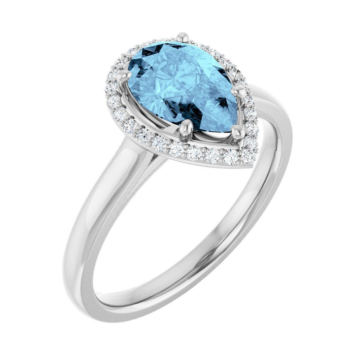 Pear 1 ct Classic Halo Natural Aquamarine Engagement Ring in 14K White Gold