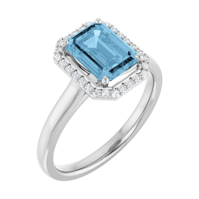 Emerald 1 ct Classic Halo Natural Blue Topaz Engagement Ring in 14K White Gold