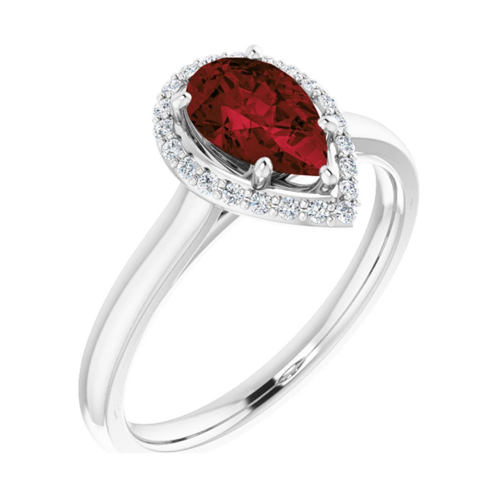 Pear 1 ct Classic Halo Natural Garnet Engagement Ring in 14K White Gold