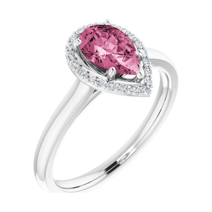 Pear 1 ct Classic Halo Natural Tourmaline Engagement Ring in 14K White Gold