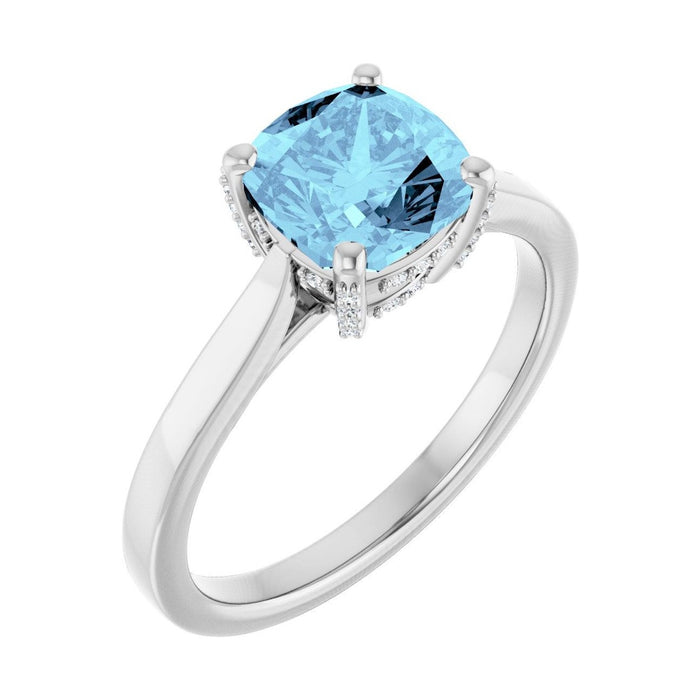 Cushion 1 ct Classic Solitaire Natural Aquamarine Engagement Ring in 14K White Gold