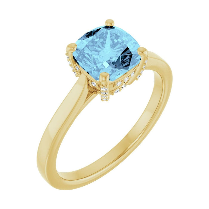 Cushion 1 ct Classic Solitaire Natural Aquamarine Engagement Ring in 14K Yellow Gold