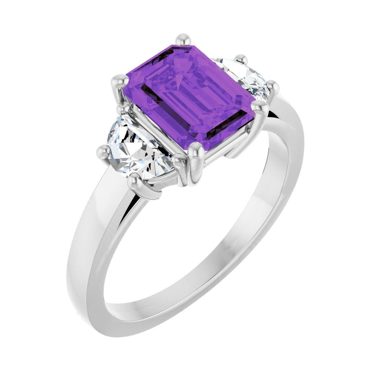 Emerald 1 ct Classic Three-Stone Natural Amethyst Engagement Ring in 14K White Gold