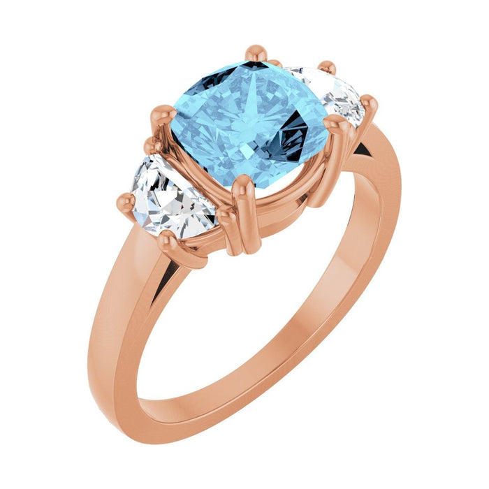 Cushion 1 ct Classic Three-Stone Natural Aquamarine Engagement Ring in 14K Rose Gold