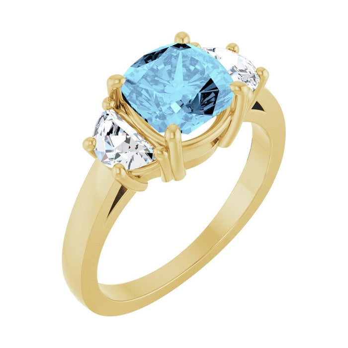 Cushion 1 ct Classic Three-Stone Natural Aquamarine Engagement Ring in 14K Yellow Gold