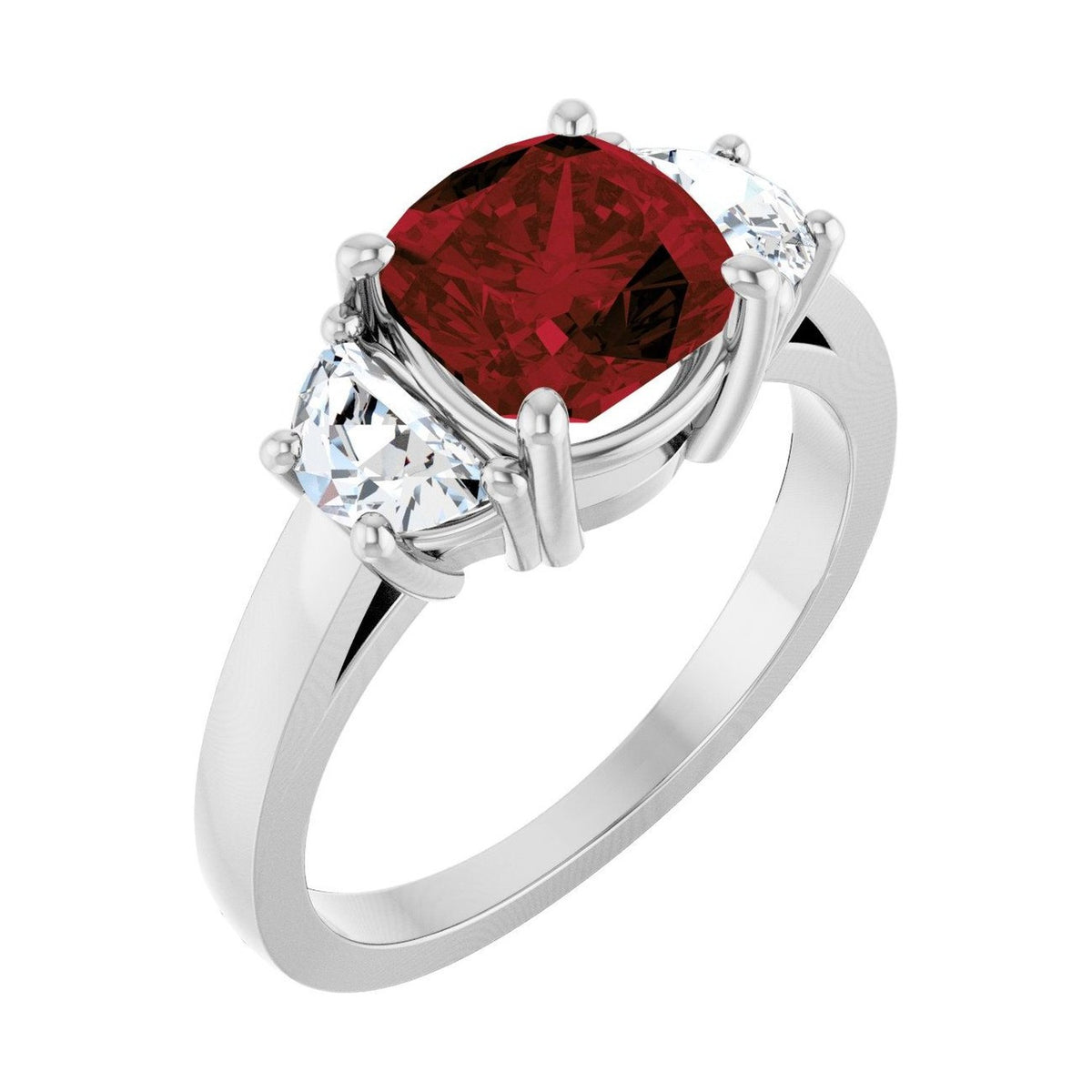 Cushion 1.5 ct Classic Three-Stone Natural Garnet Engagement Ring in 14K White Gold