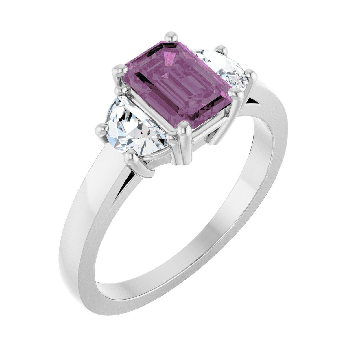 Emerald 1 ct Classic Three-Stone Natural Pink Sapphire Engagement Ring in 14K White Gold