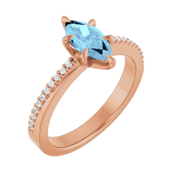 Marquise 1 ct Claw-Prong Pavé Natural Aquamarine Engagement Ring in 14K Rose Gold
