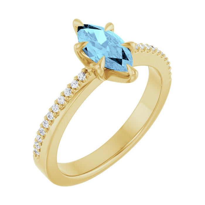 Marquise 1 ct Claw-Prong Pavé Natural Aquamarine Engagement Ring in 14K Yellow Gold